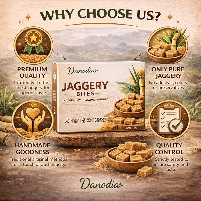 Danodia Foods Organic Jaggery Bites, Cane Gur Sweetener, 1 lb Pack | Jaggery gur pieces for chai, coffee, desserts and cooking; No Preservatives; traditional Indian cane sweetener; pantry use