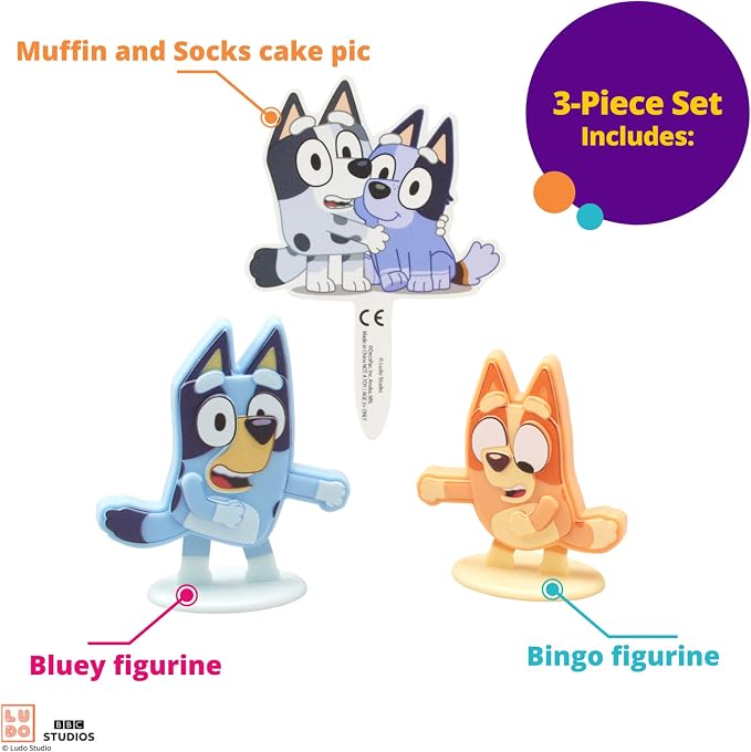 DecoSet® Bluey Dance Mode Cake Toppers, 3 Piece Cake Decoration With Bluey And Bingo Figurines and Muffin & Socks Poly Pic, For Birthday, Parties, Celebration