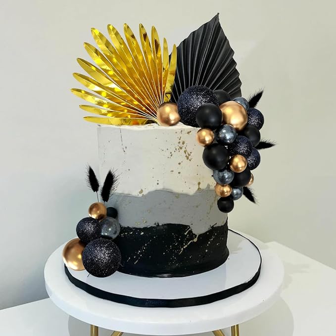38 PCS Balls Cake Toppers Palm Leaves Cake Decorations for Birthday Wedding Baby Shower Party Supplies (Black)