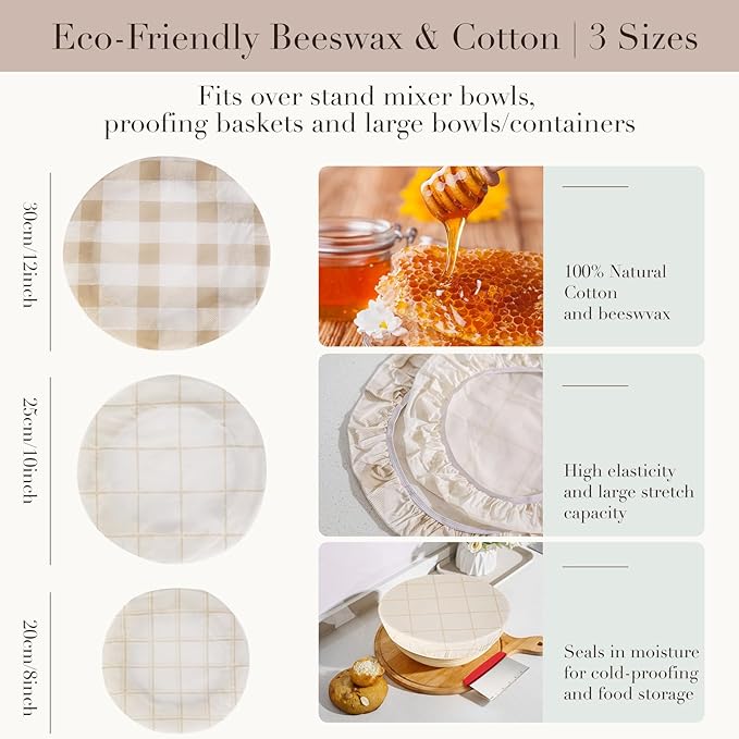Tirphy Reusable Bowl Covers for Bread Proofing - Beeswax Bowl Covers Reusable 8/10/12 Inch - Elastic Cotton Cloth Sourdough Cover - Shower Caps for Sourdough Bread