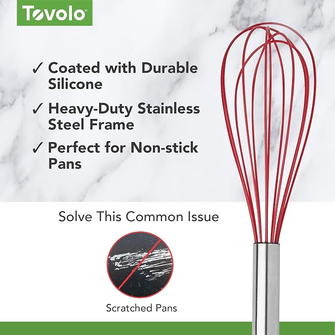 Tovolo Whisk 9 Inch Heavy Duty Silicone Wire Stainless Steel Whisker for Cooking Baking Blending Mixing Stirring Whipping Whisking, Dishwasher Safe Classic French Wire Whisk, Cayenne Red