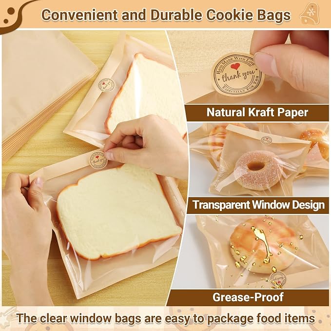 Subalga 200 Pack Cookie Paper Bags with Window 7.1x7.5 Donut Bags with 500 Pcs Thank You Stickers Heat Sealable Cookie Bags Grease Resistant Paper to Go Bake Sleeves for Gift Giving Donut Bread(Brown)