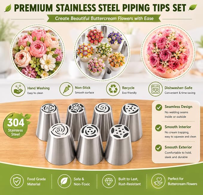 7 Pcs Large Russian Piping Tips Set, Seamless Stainless Steel Flower Frosting Nozzles, One-Press Cake Decorating Tips for Buttercream, Cupcakes, Cookies – Complete Flower Shape Kit