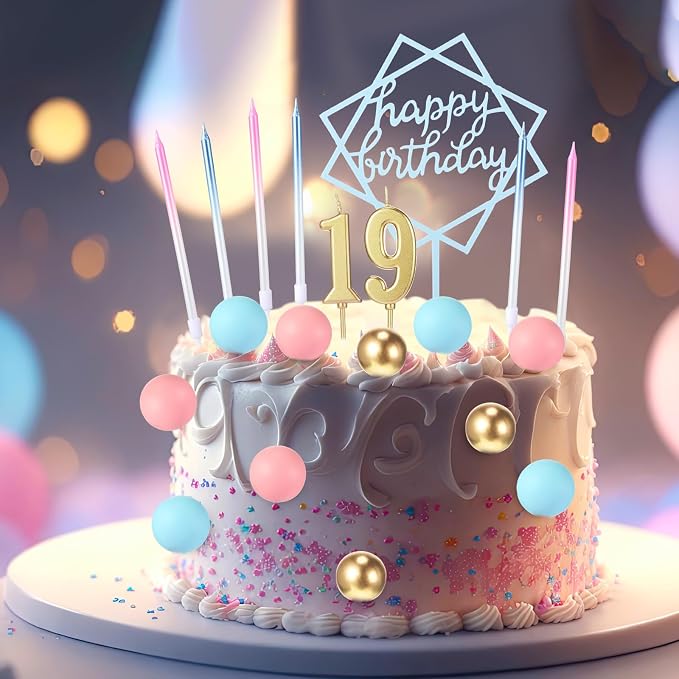 Yerliker 34 Pcs Happy Birthday Cake Toppers Decorations Birthday Candles DIY Cake Decor for Men Women Wedding Anniversary(Blue Pink)