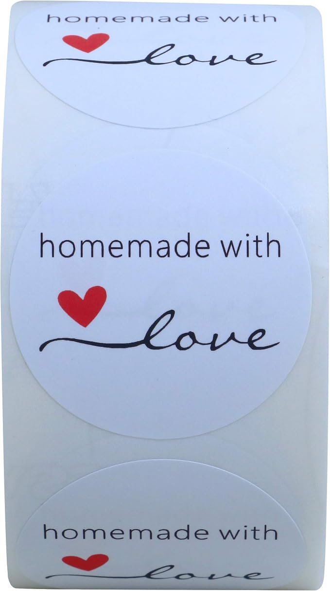 Hybsk White Gloss Homemade with Love Stickers 1.5" Inch Round Total 500 Adhesive Labels Per Roll (White Gloss)