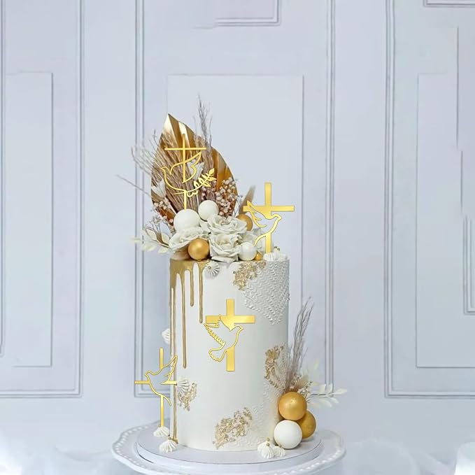 4 Pack Acrylic Baptism Cake Topper Mirror Acrylic Gold Dove Cross Cupcake Toppers First Communion Cake Decorations for Baby Shower Birthday Christian Party Decorations