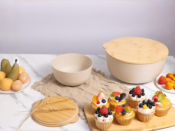 4-Piece Eco-Friendly Mixing Bowl Set with Bamboo Lids – Shatterproof BPA-Free PP, Glass-Like Finish, Stackable Kitchen Bowls for Meal Prep, Baking, Salad & Smoothies (5QT + Nested Sizes)