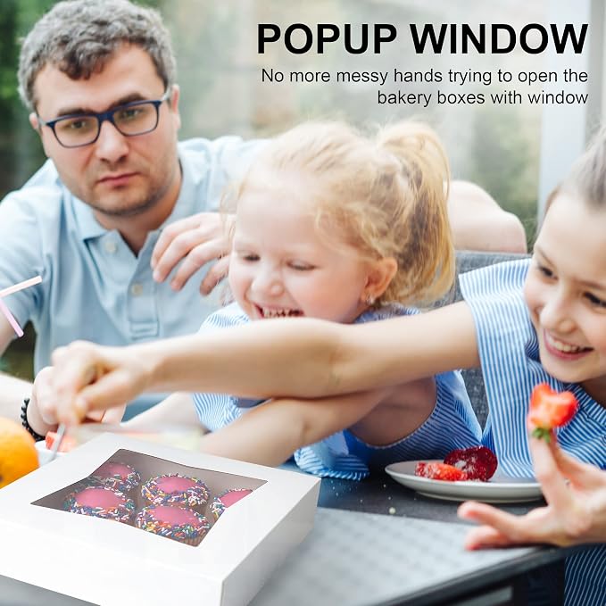 MT Products White Cookie Box 8" x 8" x 2.5" - Auto Pop-Up Bakery Boxes with Window (Pack of 15) - Made in USA