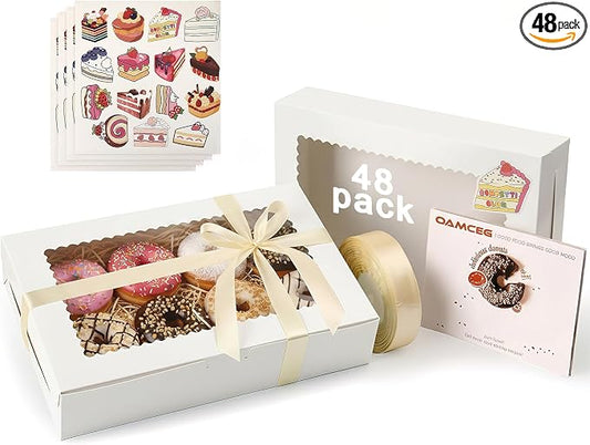 OAMCEG 48 Pack Cookie Boxes with Window, 12x8x2.5 Inch Bakery Treat Boxes for Christmas Holiday Gift Giving, Desserts, Donuts, Pastries-White