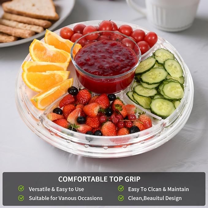 6-in-1 Multi-Functional Cake Stand with Dome Cover, BPA-Free Acrylic Serving Platter, Salad Bowl Divided Snack Tray, Shatterproof Dessert Display with Fork Spoon for Birthday Wedding Christmas Party