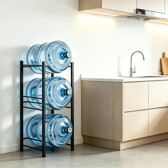 5 Gallon Water Jug Holder 3 Tier Water Bottle Storage Rack Organizer Heavy Duty Metal Water Dispenser Stand for Kitchen Office Garage Black