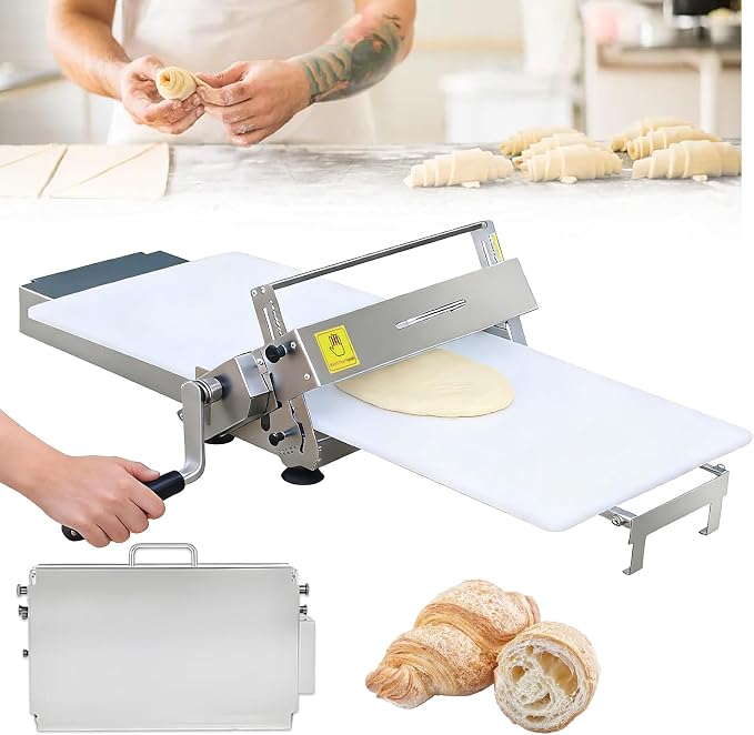 Stainless Steel Folding Dough Sheeter with Manual Crank Operation and Adjustable Thickness from 0-25mm for Perfectly Laminated Croissant, Puff Pastry, and Pizza Dough