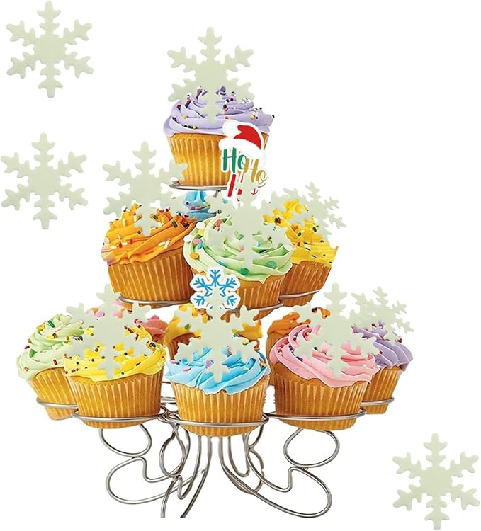 YOcity 50PCS Edible Snowflakes Cake Cupcake Toppers White Snowflake Cupcakes Decorting for Christmas Winter Frozen Theme Birthday Party Supplies (White)
