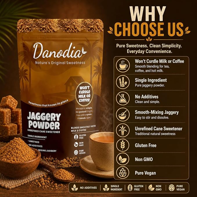 Danodia Foods Organic Jaggery Powder, Cane Gur Sweetener, 2 lb Pack | Fine sugarcane gur sweetener for chai, coffee, baking, cooking, desserts and Indian pantry recipes; Indian pantry sweetener