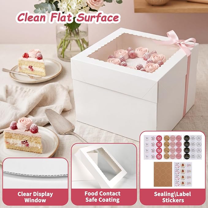 CRUGLA 15 Pack 10x10x8 Cake Boxes with Cake Boards, White Bakery Window Boxes, Tall Dessert Carrier for Birthdays, Weddings & Bake Sales