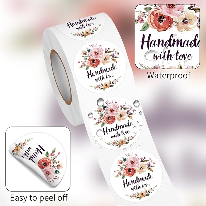 Floral Handmade with Love Stickers Roll, 1.5 inch 500 PCS Flower Homemade with Love Stickers for Handmade Baked Goods, Crafts, Gifts Package, Small Businesses