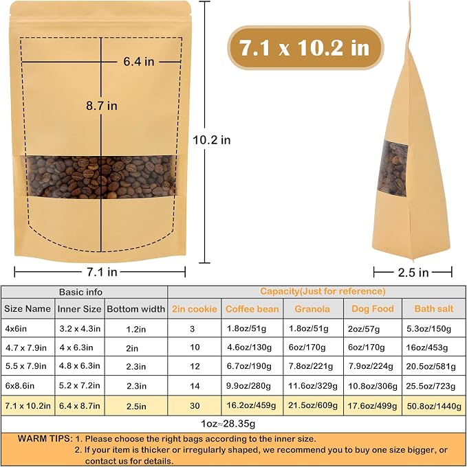Blisstime 50 Pack Kraft Paper Stand Up Pouch Bags, Resealable Bag with Transparent Window and Tear Notch for Multipurpose Storage (7 X 10.2 Inches)