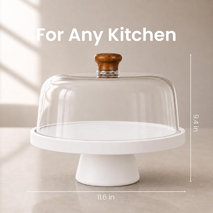 Acacia Wood Cake Stand with Lid Anti-Mold 12 Inch - 2-in-1 Wooden Charcuterie Board - Covered Dessert Plate with Acrylic Dome - Vintage Pastry Display - Tall Domed Serving Stand Platter - White