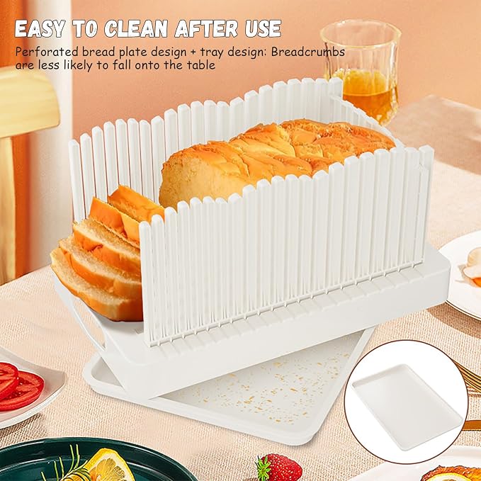 Adjustable Bread Slicer for Bagels, Toast, Homemade Loaves - Foldable Cutter with Crumb Container | Effortless Thin/Thick Slices