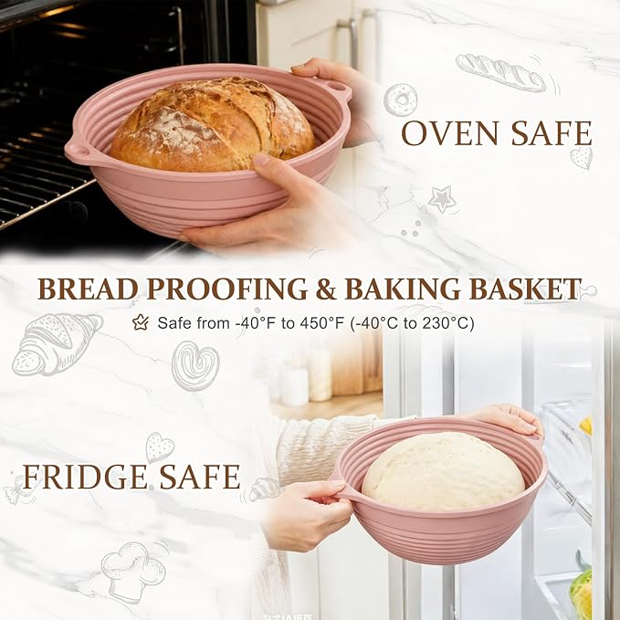 4Pcs Silicone Bread Proofing Basket, 9" Collapsible Sourdough Banneton with Dual Handles, Non-Stick Round Dough Proofing & Baking Bowl, Easy Clean, Oven Safe, BPA Free
