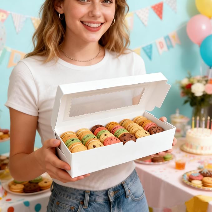 MUMULULU White Bakery Boxes with Window Cookie Boxes Treat Boxes for Desserts Cupcakes Muffins Donut Chocolate Strawberry (7PCS 12×5.5×2.5)