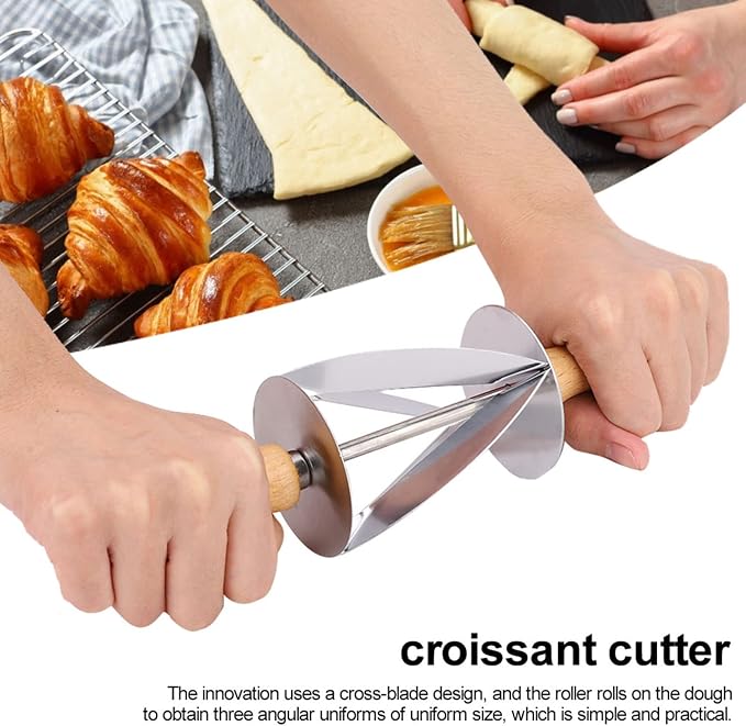 Stainless Steel Dough Cutter, Roller Cutter Round Rubber Wood Handle Pasta Cutters Wheel for Croissant Baking 20cm x 6 cm