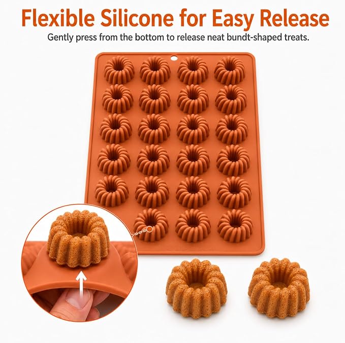 2 Pack Bundt Cake Silicone Mold, 48 Cavity Fluted Ring Baking Pan, Nonstick Buntz Mold for Chocolate, Jelly, Pudding, Ice Cubes, Donuts and Bite Size Cakes