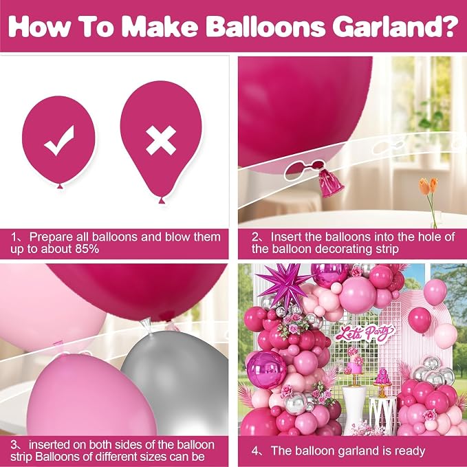 Pink Silver Balloon Arch Garland Kit with Hot Pink Star Foil Balloons 4D Round Ball Balloons for Girl Women Birthday Baby Shower Valentine's Day Party Decorations