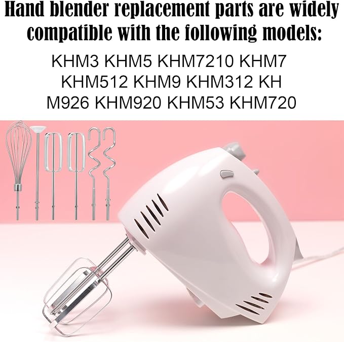 Hand Mixer Beaters Attachment Set, 2 Beaters 1 Egg Whisk 2 Dough Hooks and 1 Blending Rod Replacement Compatible with KHM3 KHM5 KHM7210 KHM7 KHM512 KHM9 KHM312 KHM926 KHM920 KHM53 & KHM720