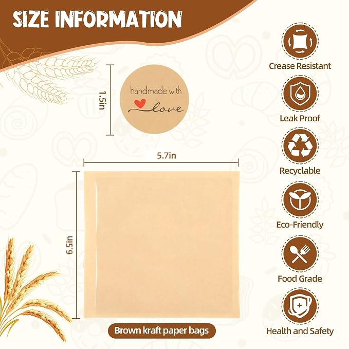 200 Pcs Cookie Packaging Bags with Window, 5.7" x 6.5" Kraft Paper Bakery Bags, Heat-Sealable & Grease-Resistant Pastry Bags with 240 Stickers for Cookies, Donuts, Sandwiches, Party Treats (Brown)