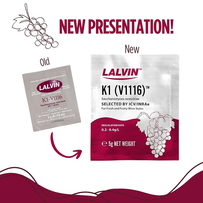 Lalvin K1-V1116 Wine Yeast (5 Pack) - Make Wine Cider Mead Kombucha At Home - 5 g Sachets - Saccharomyces cerevisiae - Sold by CAPYBARA Distributors Inc.