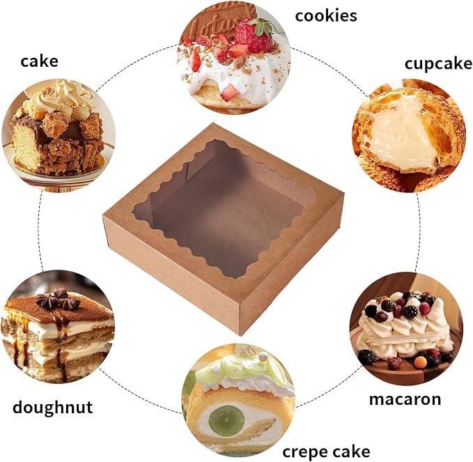 36 pcs 10x10x2.5 Inches Cake Box with Window, Bakery Pastry Cookie Boxes, Mini Pie for Pastry,Dessert,Strawberries,Chocolates (Brown, 10x10x2.5 Inch/36pcs)