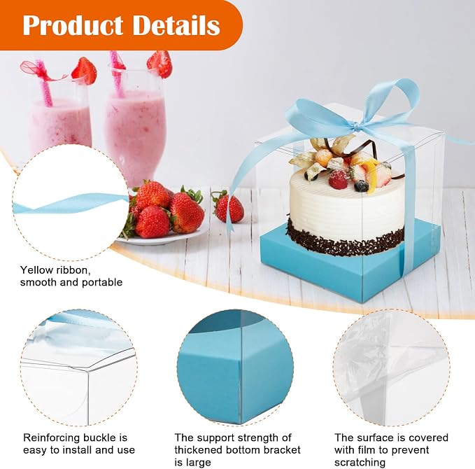 12 Pack Clear Plastic Cupcake Boxes, 3.5 Inch Gold Single Cupcake Containers Disposable Individual Cup Cake Carrier Holder Boxes with Inserts and Ribbon (Blue)