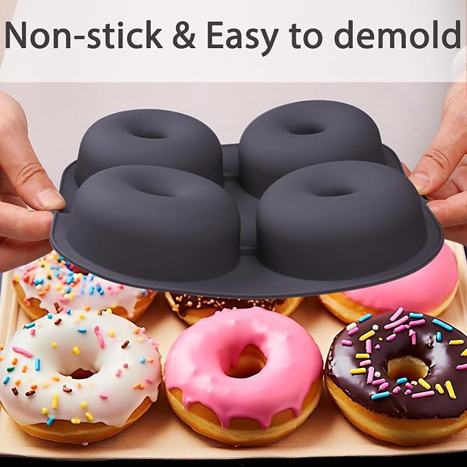 Silicone Doughnut Molds for Air Fryer, Set of 2, 8-Cavity Non-Stick Donut Pans with Carrying Handle, Doughnut Bagel Baking Tin for Muffins Cake, Dishwasher Safe, Grey