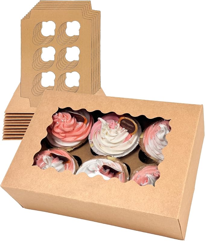 Bakepacker Auto-pop up 6 Cupcake Boxes with Window 20 Count Brown Box 9.4 x 6.1 x 3 inch Cupcake Carrier