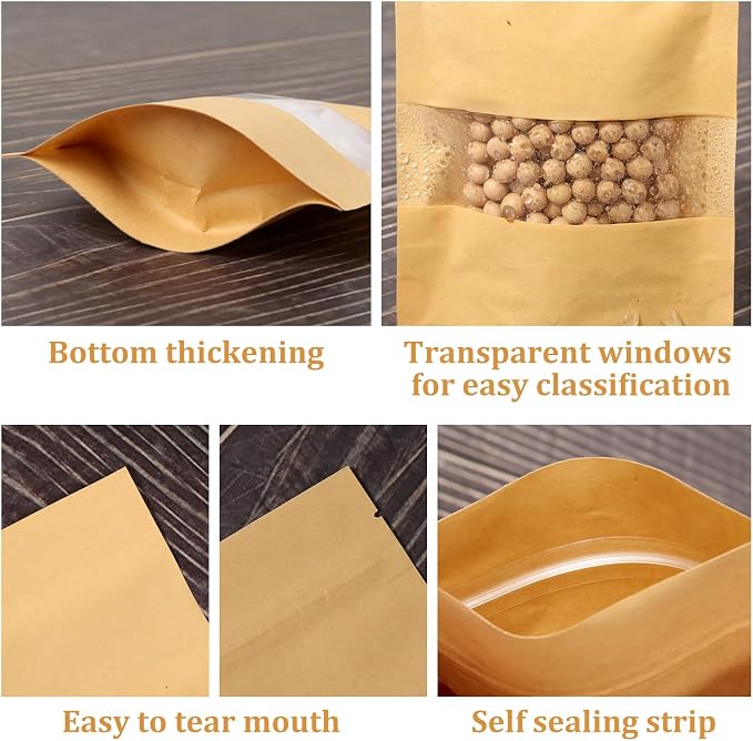 100 Pcs Resealable bags, 3.5" x 5.5" Sealable Stand Up Kraft Paper Bags with Matte Window, Zip Lock Food Storage Bags for Packaging Products