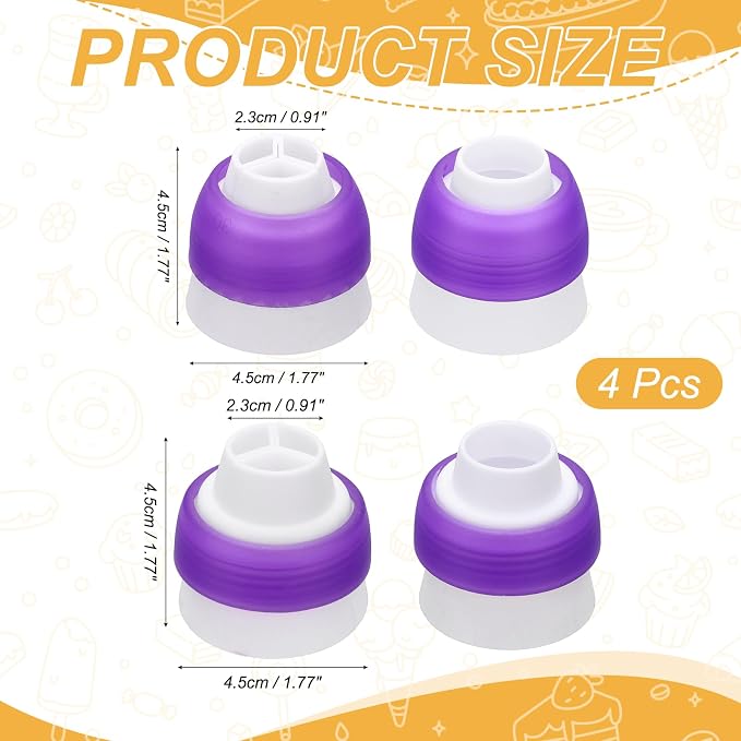 uxcell 4 Pcs Piping Tip Coupler, Plastic 3 and 1 Color Couplers Icing Frosting Piping Bag Reusable Cake Baker Decor Tools Kit for Pastry Cupcake Tips Russian Flower Mouth Nozzles, Purple