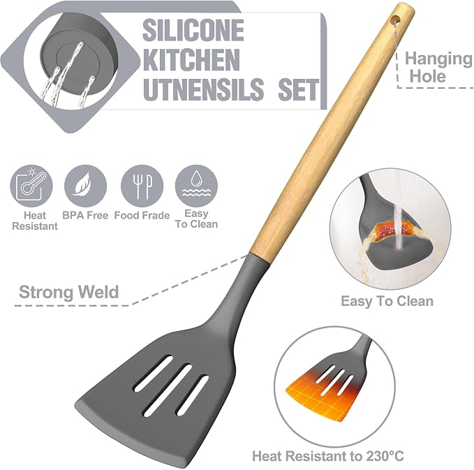 Umite Chef Silicone Kitchen Utensil Set, 34PCS Heat Resistant Kitchen Gadgets and Tools With Grater, Wood Handles for Nonstick Cookware (Dark Gray)