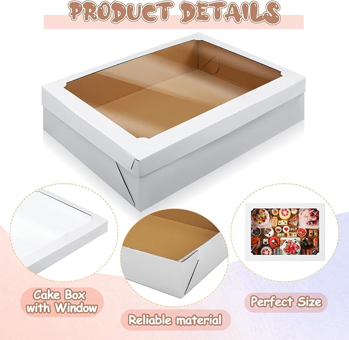Funnymoom 10 Pcs Full Sheet Cake Box with Window Large Bakery Boxes Corrugated Rectangle Cake Packaging Boxes for Donuts Cookie Cupcake Baking Pastry Decor Supplies(19.5 x 26.5 x 5 Inches)