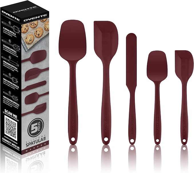 OVENTE Silicone Spatula Set of 5, Food Grade Rubber Spatula with High Heat Resistant, BPA-Free and Dishwasher Safe, Nonstick Kitchen Utensils for Baking, Cooking and Mixing, Red SP12305R