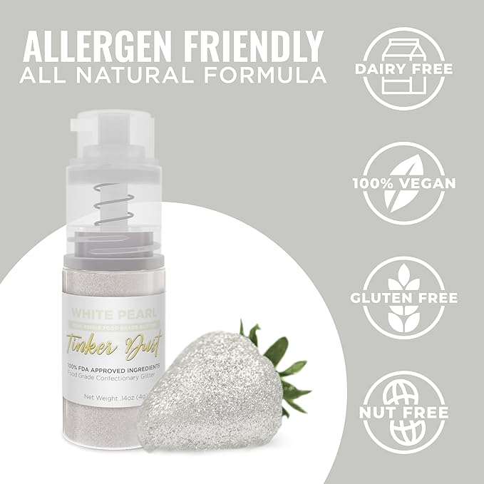 Bakell - White Tinker Dust (4g, 1x Mini Spray Pump) Edible Glitter for Food, Desserts, and Baked goods!