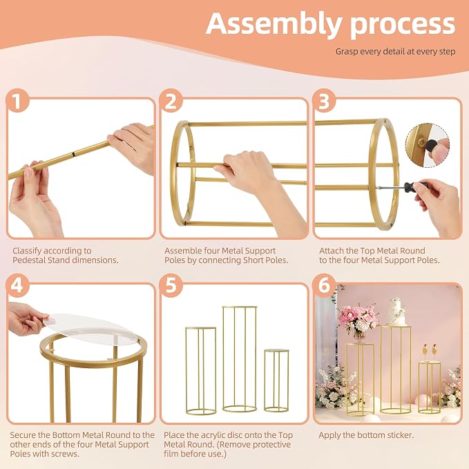 Urban Deco 3Pcs Cylinder Stands for Party, Round Pedestal Stand for Parties with Removable Acrylic Tops, Gold Metal Cake Stands, Cilindros para Fiestas for Birthday Party Wedding Baby Shower Decor