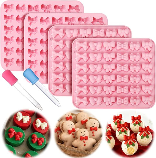 Palksky Bow Chocolate Mold Silicone, 4PCS 36 Cavities Bow Fondant Molds, Gummy Candy Molds for Gummies Cookies Fruit Snacks Cupcake Decor with 2 Droppers, Non-Stick For DIY Homemade Treats