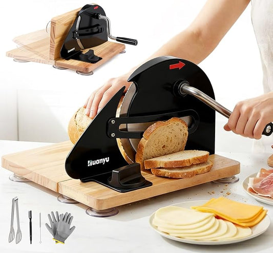 Huanyu Manual Bread Slicer Upgrade Foldable Sourdough Cutter Versatile Hand Crank Stainless Steel Blade Adjustable Thickness with Scale Line & Suction Cup for Homemade & Commercial Use Black