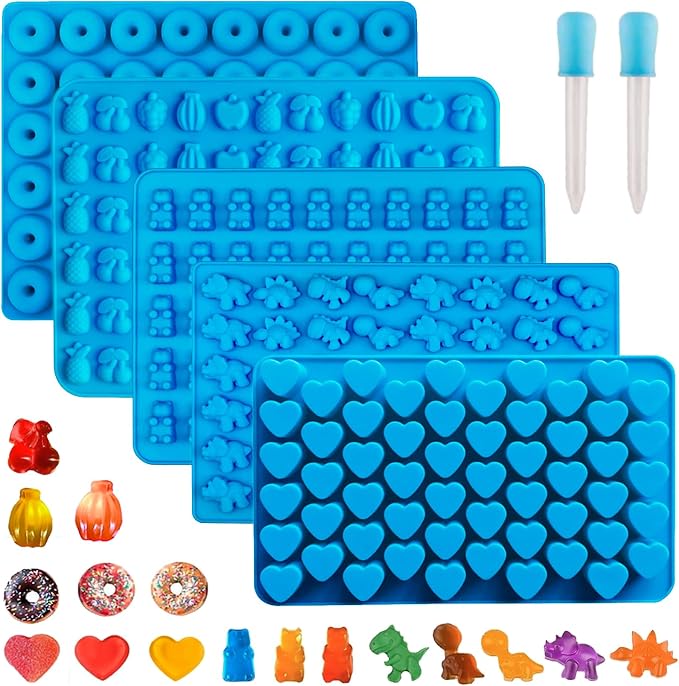 5 PCS Silicone Gummy Molds, Food Grade Non-Stick Candy & Chocolate Mold Fruit Snack Molds BPA-Free with 2 Droppers Including Mini Dinosaur, Bear, Heart, Fruit, and Donut (Blue)