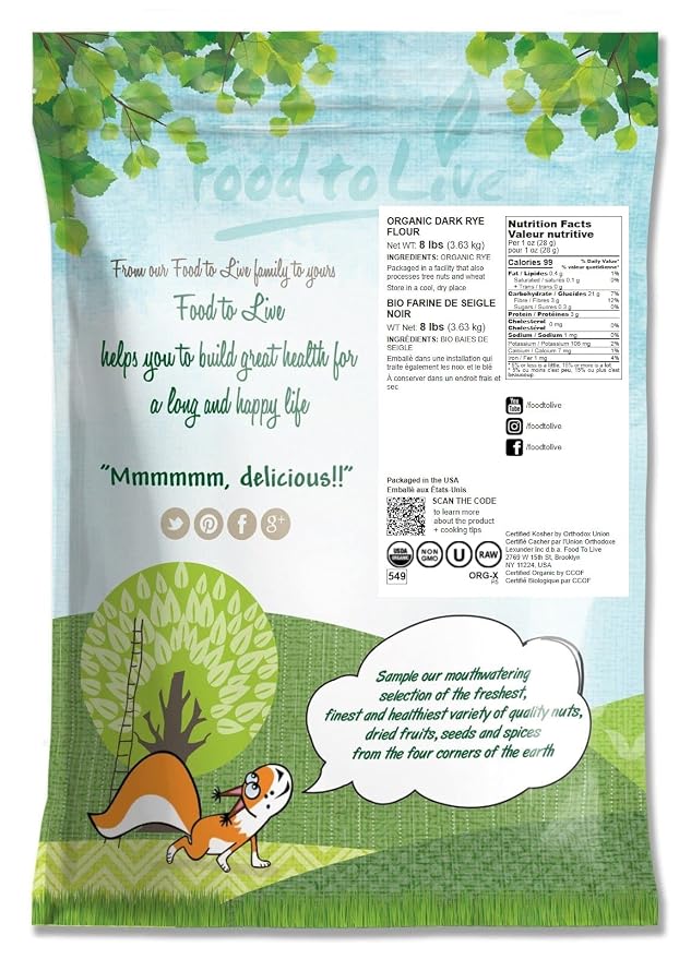 Food to Live Organic Dark Rye Flour, 8 Pounds – Whole Grain, Non-GMO, Stone Ground, Kosher, Raw, Vegan, Bulk, Great for Baking Bread, Product of the USA