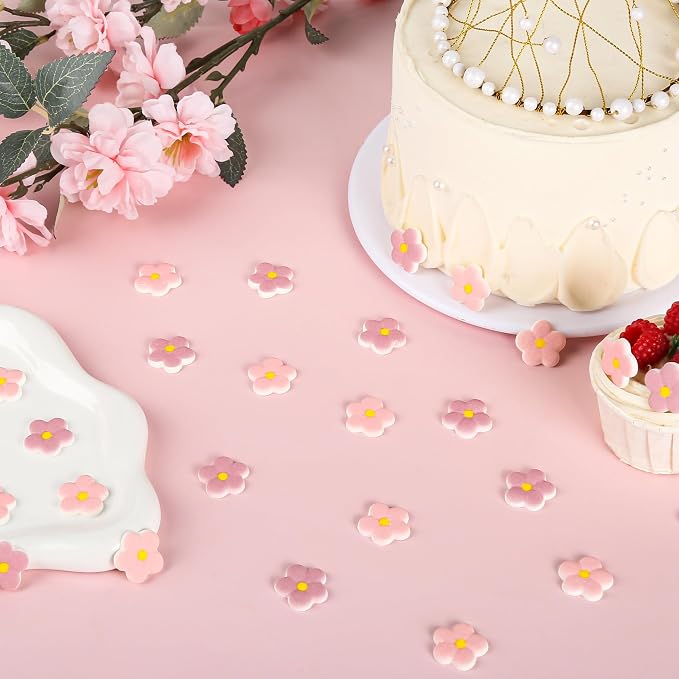 Edible Flowers Icing Decoration 32 Count Pink Purple Blossoms Royal Icing Decorations Daisy Sugar Wedding Flowers Sprinkles for Baking Cupcakes Ice Cream Waffles Cookies Birthday Cake