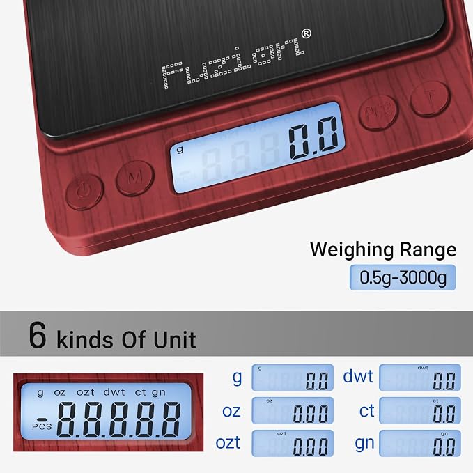 Fuzion Small Gram Scale 3000g, Digital Kitchen Food Scale, Gram and Ounce | Black Titanium Stainless Steel, 0.1g Accuracy, 6 Modes, 2 Trays Included, Tare, Piece Counting, For Food, Coffee, Coins, Herb