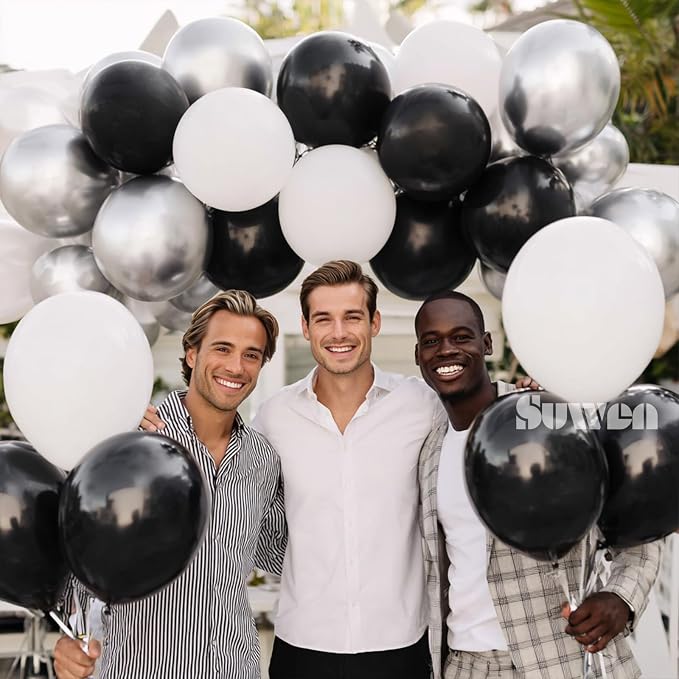 SUWEN Black and Silver Balloons,60pcs 12 inch Black White Silver Metallic Chrome Balloons for New Year Birthday Wedding Anniversary Party Decoration