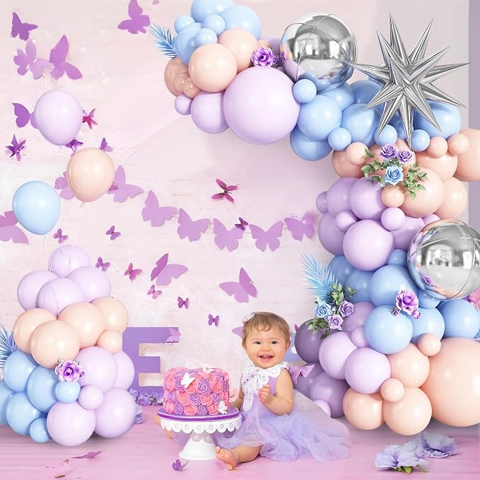 Pastel Balloon Arch Garland Kit with Macaron Blue Purple Orange Balloons Silver Star Foil Balloon for Birthday Baby Shower Wedding Party Decorations